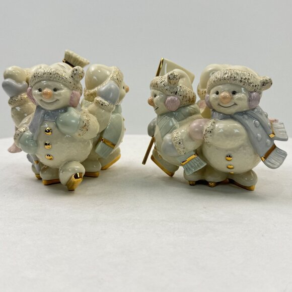 Vintage Set of 2 Lenox Snowmen Trio Skating by Candlelight Candle Holders Taper - Picture 2 of 16